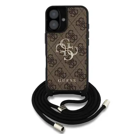 Guess PU 4G Metal Logo Crossbody Popruh kryt iPhone 16 hnedý