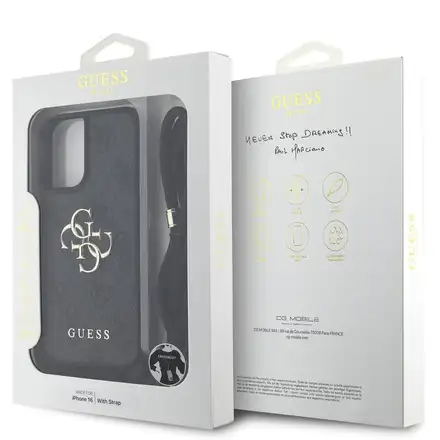Guess PU 4G Metal Logo Crossbody Popruh kryt iPhone 16 čierny