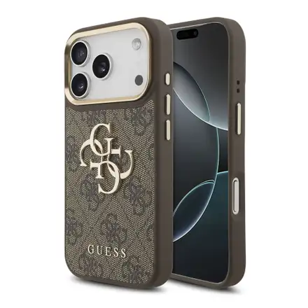 Guess PU Leather 4G Metal Logo Gold Frame kryt iPhone 18 Pro hnedý