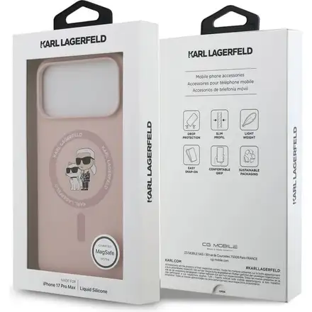 Karl Lagerfeld Liquid Silicone Karl and Choupette MagSafe kryt iPhone 17 Pro Max ružový