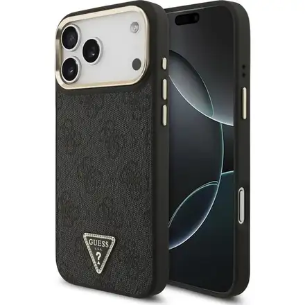 Guess PU Leather 4G Strass Triangle Logo Gold Frame MagSafe kryt iPhone Pro Max 17 čierny