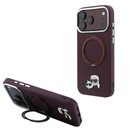 Karl Lagerfeld PU Grained K&CH Heads Ring Stand Magsafe kryt iPhone 18 Pro Max burgundy