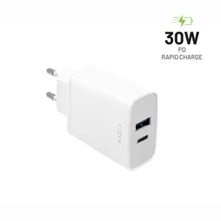 FIXED Sieťová nabíjačka s USB-C a USB výstupom a podporou PD, 30W, biela