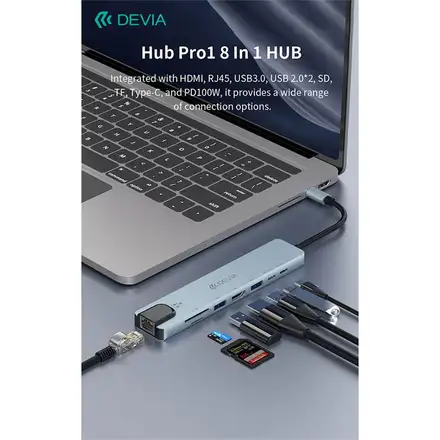 Devia USB-C Hub Pro 8 in 1 EC706 - Deep Gray