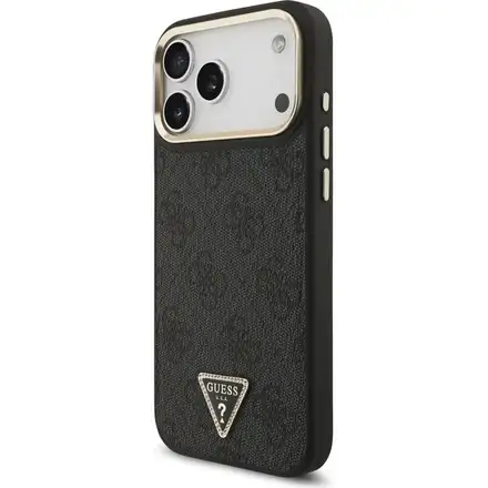 Guess PU Leather 4G Strass Triangle Logo Gold Frame MagSafe kryt iPhone Pro Max 17 čierny