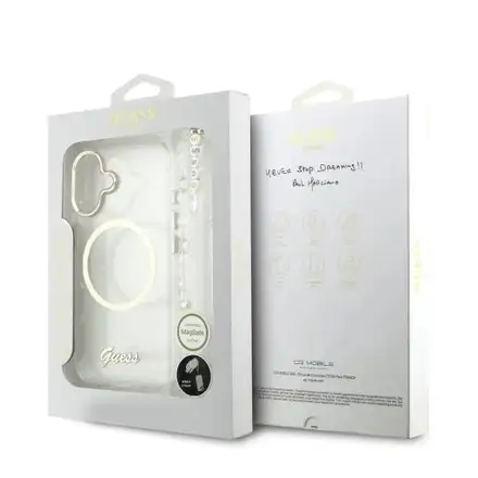 Guess IML Glitter Script Strap MagSafe kryt iPhone 17 biely