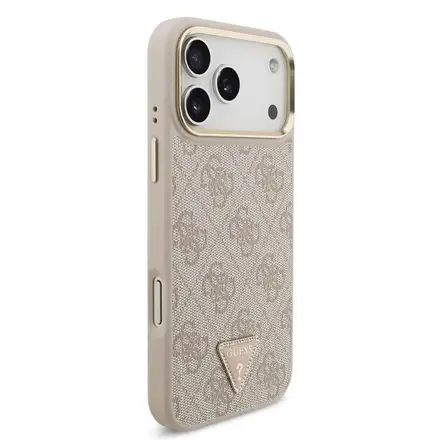 Guess PU Leather 4G Strass Triangle Logo Gold Frame MagSafe kryt iPhone 18 Pro ružový