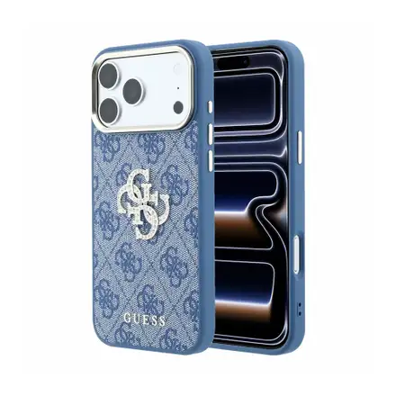 Guess PU 4G Strass Metal Logo kryt iPhone 18 Pro modrý
