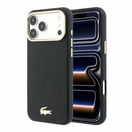 Lacoste PU Leather Champs Elysees Gold Logo MagSafe kryt iPhone 18 Pro čierny