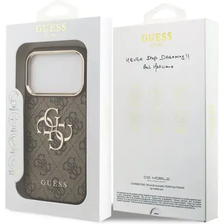 Guess PU Leather 4G Metal Logo Gold Frame kryt iPhone 17 Pro hnedý
