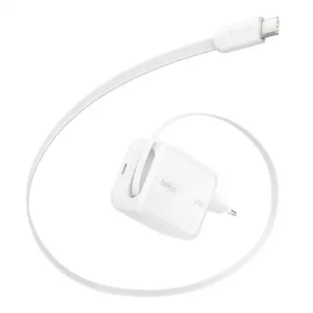 Belkin Ultra Charge USB-C GaN Wall Charger 67W + Retractabe Cable 1m - White