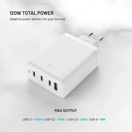 FIXED Sieťová GaN nabíjačka s 3xUSB-C a USB výstupom a podporou PD 3.0, 120W, biela