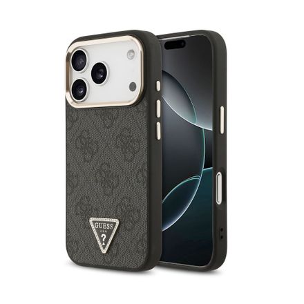 Guess PU Leather 4G Strass Triangle Logo Gold Frame MagSafe kryt iPhone 18 Pro čierny