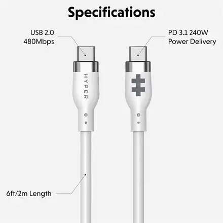 Hyper kábel HyperJuice 240W Silicone USB-C to USB-C Cable 2m - White
