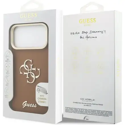 Guess PU Grained 4G Logo Stand Camera Frame kryt iPhone 17 Pro Max hnedý