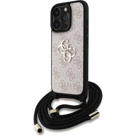 Guess PU 4G Metal Logo Crossbody Popruh kryt iPhone 16 Pro Max ružový