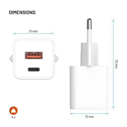 FIXED GaN Mini Sieťová nabíjačka s USB-C a USB výstupom a podporou PD, 30W, biela