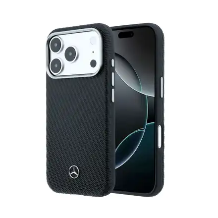 Mercedes PU Leather Wood Semi Wrap MagSafe Kryt pre iPhone 17 Pro čierny