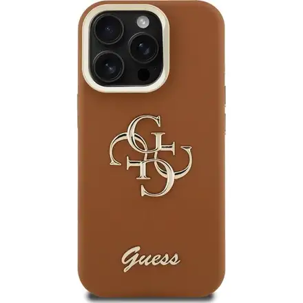 Guess PU Grained 4G Logo Stand Camera Frame kryt iPhone 15 Pro hnedý