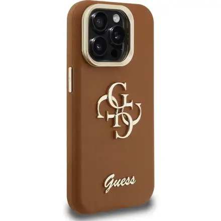 Guess PU Grained 4G Logo Stand Camera Frame kryt iPhone 15 Pro hnedý