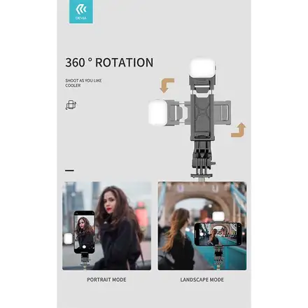 Devia Tripod Stand Multi-function Selfie Bar With Fill-In Light - Black