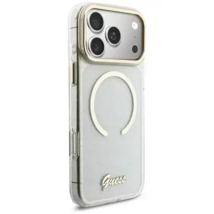 Guess IML Glitter Script Strap MagSafe kryt iPhone 17 Pro Max biely