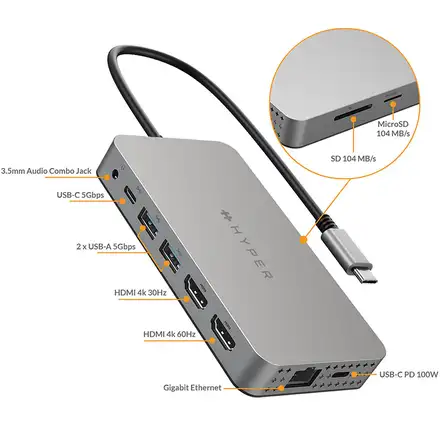 Hyper HyperDrive Dual 4K HDMI 10-in-1 USB-C Hub - Space Gray