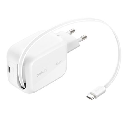 Belkin Ultra Charge USB-C GaN Wall Charger 45W + Retractabe Cable 1m - White