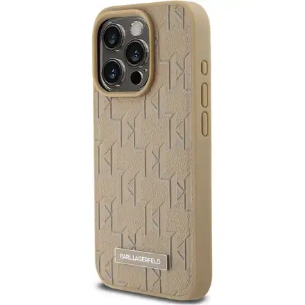 Karl Lagerfeld PU Leather Monogram Metal Logo MagSafe kryt iPhone 14 Pro Max béžový