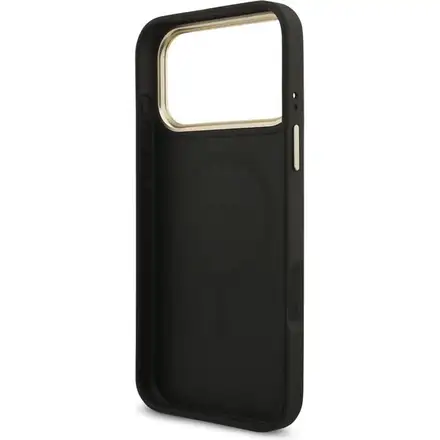Guess PU Leather 4G Strass Triangle Logo Gold Frame MagSafe kryt iPhone Pro Max 17 čierny