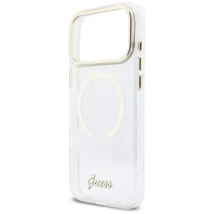 Guess IML Glitter Script Strap MagSafe kryt iPhone 17 Pro Max biely