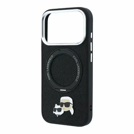 Karl Lagerfeld PU Grained K&CH Heads Ring Stand Magsafe kryt iPhone 18 Pro Max čierna