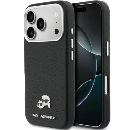 Karl Lagerfeld PU Karl and Choupette Heads Pins MagSafe kryt iPhone 17 Pro Max čierny