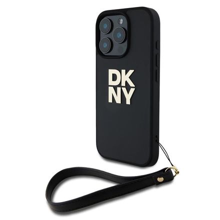 DKNY PU Leather Stack Logo Wrist Strap kryt iPhone 16 Pro čierny