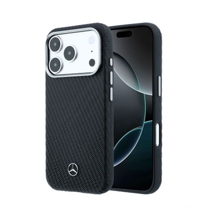 Mercedes PU Leather Wood Semi Wrap MagSafe Kryt pre iPhone 17 Pro čierny